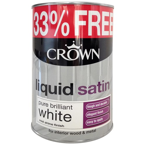 Crown 1 Litre Liquid Satin Sheen Pure Brilliant White - 33% Extra Free